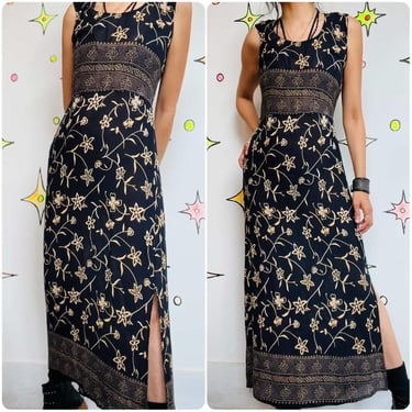 Vintage 90s Black Witchy Boho Gauzy Fairy Grunge Maxi Dress w Side Slit – Size S 