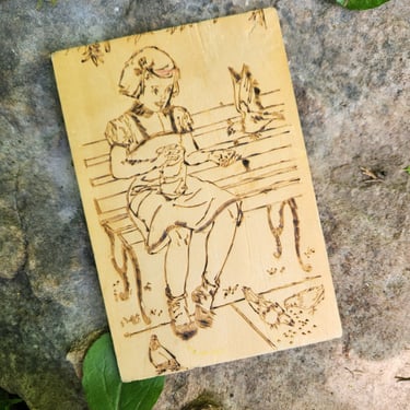 Adorable Wood burned Plaque~Girl feeding Birds 