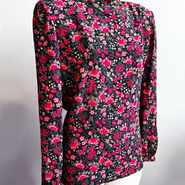 VALENTINO Silk Blouse, Fuchsia Pink Floral High Neck Vintage Shirt Top By Miss V Red Black Long Sleeves Designer 1980's 