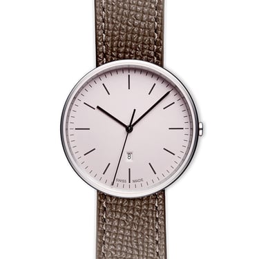 M38 Women’s date watch in polished steel + black leather textured strap