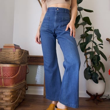 Vintage 70's Seafarer Dungaree High Waisted Bell Bottom Denim Jean Trousers sz 31.5 