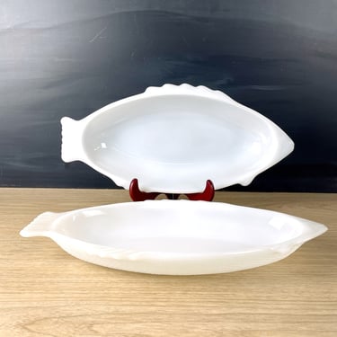 Glasbake milk glass fish dishes - a pair - 1960s vintage 