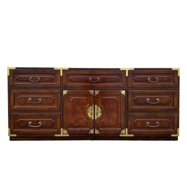 Vintage Chinoiserie Dresser by Bernhardt 72" - Hollywood Regency Asian Style Wood & Brass Credenza with 9 Drawers 