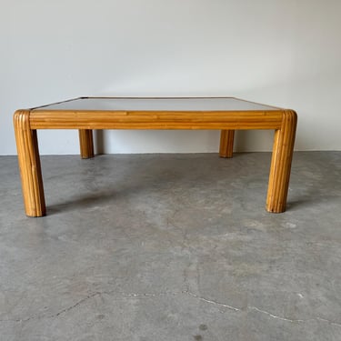 1970s Vintage Coastal Bent Rattan and Smoked Glass Top Square Coffee Table 