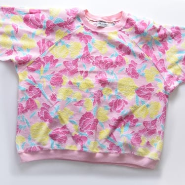 1980's Pink Floral Raglan Pullover Sweatshirt Top Yellow Vintage Terry Baggy 