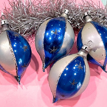 VINTAGE: 4pcs - Early Poland Glass Ornaments - Small Blown Mercury Ornament - Maid in Poland - Christmas - Blue and Silver Ornaments 