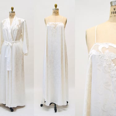 Vintage Peignoir Set Large White Ivory Wedding Honeymoon Robe Nightgown Slip Dress Sheer Robe// Vintage Lingerie Peignoir Bridal Wedding 