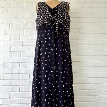 1990's Size 14 Black and White Floral Market Dress 