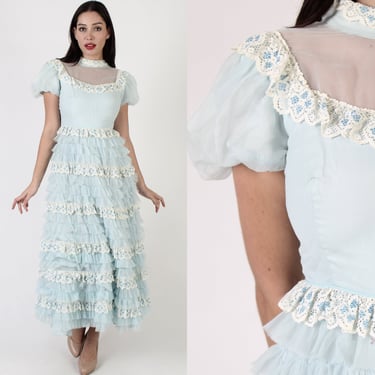 70s Country Saloon Maxi Dress, Plain Floral Lace Romantic Prairie Gown, Vintage Victorian Style Antebellum Outfit 