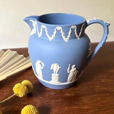 Vintage 1964 Wedgwood Blue Jasperware Pitcher Jug | Cream White Color Relief on Pale Lavender Blue | Neoclassical | Crafted in England 