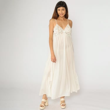 Vintage White Nightgown Lingerie Lace Slip Dress 80s Maxi Nylon Deep V Neck Empire Waist Spaghetti Strap Shadowline Medium 