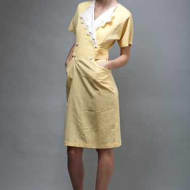 vintage 80s pocket dress yellow white lace collar M MEDIUM 