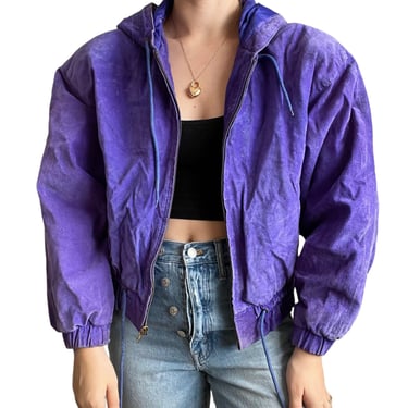 Vintage Womens 80s Purple Suede Bomber Hooded Full Zip Retro Winter Jacket Sz M 