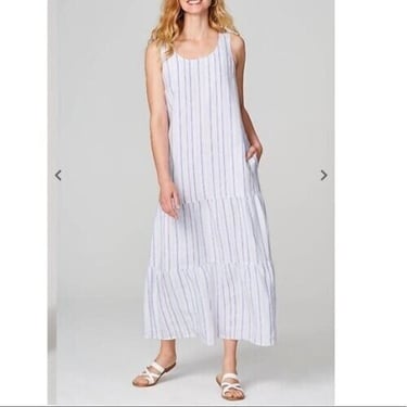 New J. Jill Cornflower Tiered Dress Size Small Linen Blue Stripe Midi Summer