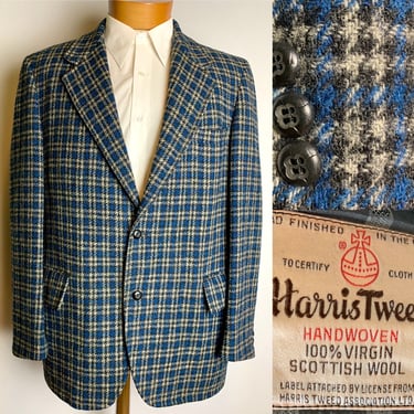 Vintage 60s Harris Tweed Blue Gray and Black Houndstooth Blazer Sports Coat Size 44L 