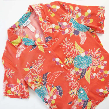 Vintage 70s Tropical Womens Hawaiian Shirt S - 1970s Red Blue Pineapple Cherry Print Vacation Tiki Button Up blouse 