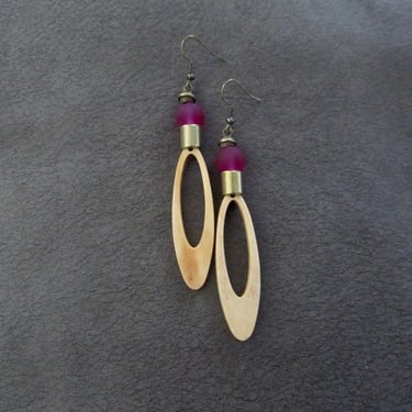Long wood earrings, bold statement earrings, Afrocentric African earrings, geometric earrings, rustic natural earrings, bohemian, pink 