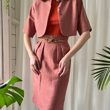 90s Clay Pink Linen Skirt Suit