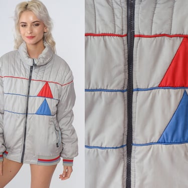 80s Puffer Jacket Grey Ski Jacket Red Blue Geometric Triangle Print Zip Up Puffy Coat Retro Skiwear Winter Bomber Vintage 1980s Men's Medium 