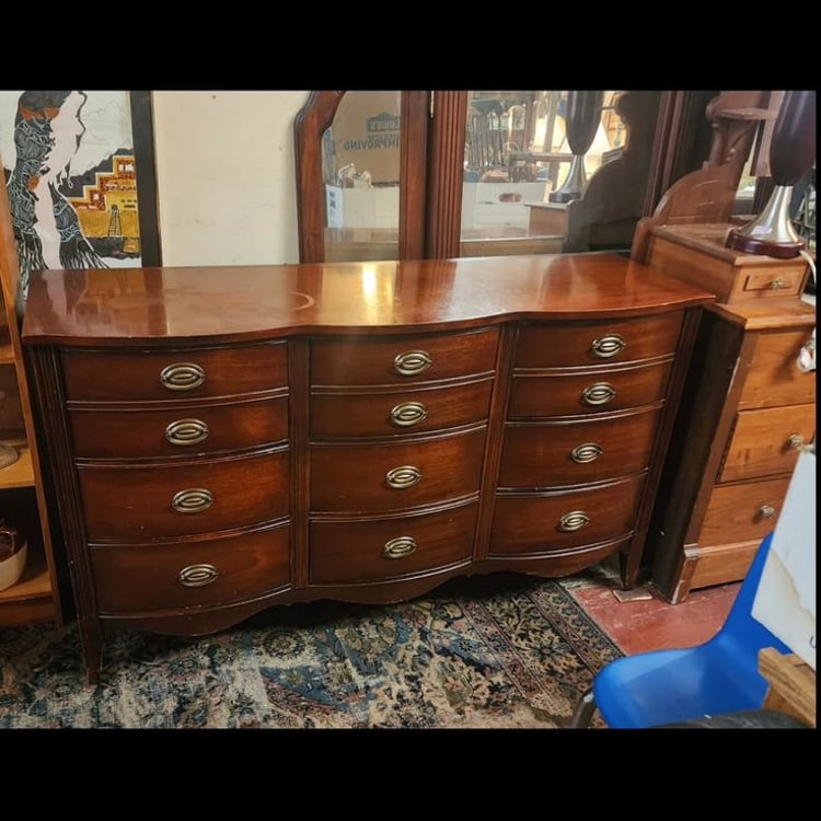 Mahogany Triple Bow Front Dresser. 60x19x34" tall. Six deep drawers. $323