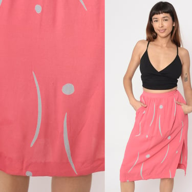 Pink 80s Skirt Macro Confetti Dot Line Print Midi Skirt Pocket Side Slit High Waisted Retro Secretary Skirt Vintage 1980s Extra Small xs 