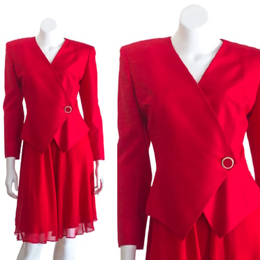 1990s Red Silk Evening Suit with Chiffon Skirt 