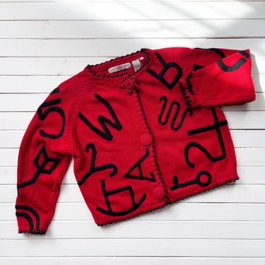 Michael Simon sweater 90s vintage zodiac signs novelty print red embroidered cardigan 