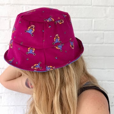Corduroy Bear + Blue Reversible Bucket Hat (Made to Order with Vintage Fabric) 