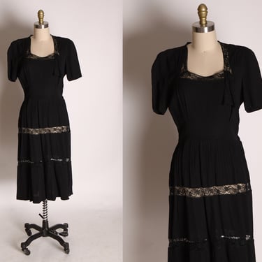 Late 1930s Early 1940s Black Sheer Lace Panel Short Sleeve Dress -S 