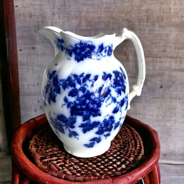 Antique New Wharf Pottery Windsor Flow Blue Large Pitcher Water Basin Pitcher 