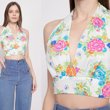 70s White Floral Halter Crop Top - Small to Medium | Vintage Boho Flower Print Backless Disco Blouse 