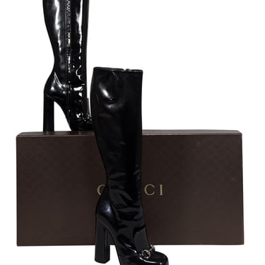 Gucci - Black Patent Leather Regent Tall Boot Heels Sz 8