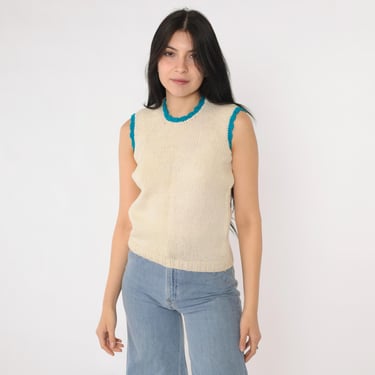 Vintage Knit Tank Top 70s Cream Sleeveless Sweater Vest Blue Trim 1970s Button Back Keyhole Cropped Fitted Retro Small xs 