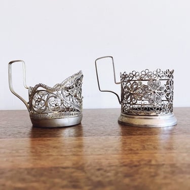 Vintage Silver Plated Metal Filigree Tea Cup Holders 