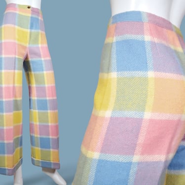 Pastel plaid pants vintage 1960s pastel fuzzy wool cuffed legs high rise. (26 x 30 1/2) 