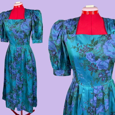 Vintage 80s Iridescent Floral Romantic Puff Sleeve Party Dress Lanz Gift 