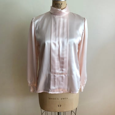 Light Pink Satin Blouse with High Neck - 1980s 