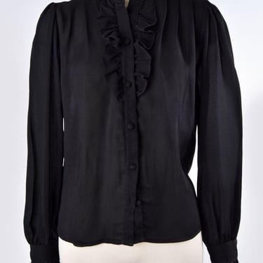 SHEER Black Blouse Ruffles High Neck Collar, 1970's, 1980's, vintage, Shirt, Top, Long Sleeves, Victorian Hippie Mod Preppy style 