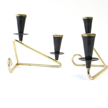 Set of 2 Woven Black Metal with Gold Mini Taper Candle Holders 