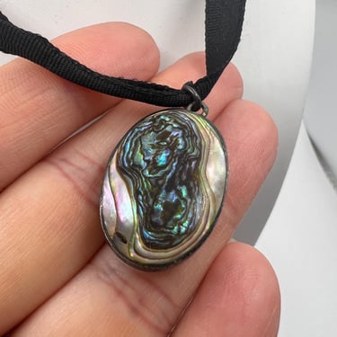 antique 1920s sterling wrapped abalone pendant grosgrain necklace choker 