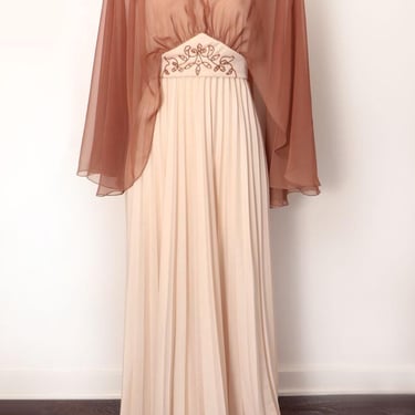 60's Maxi Dress & Cape Shawl Vintage 1970's, 1960's Pleated Polyester Long Evening Party Formal Gown Dress, Full Skirt, Hippie Mod 