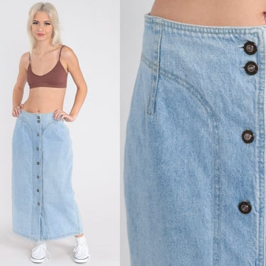 Denim Maxi Skirt Jean Skirt 90s Button Up Skirt Western Yoke 1990s High Waisted Straight Skirt Retro Vintage Faded Light Blue Medium 