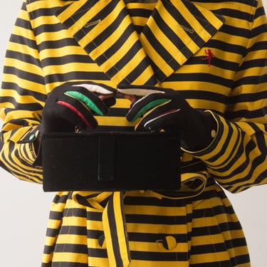 1990s Black Velvet Oval Box Bag with Striped Acrylic Handle 