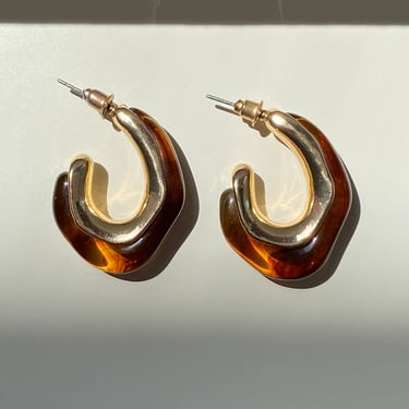 Curved Gold Tone Brown Amber Earrings