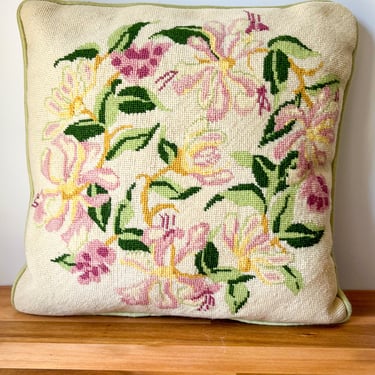 Vintage Floral Needlepoint Pillow.  Square Decorative Throw Pillow. Grandmillennial Living Room Decor. 