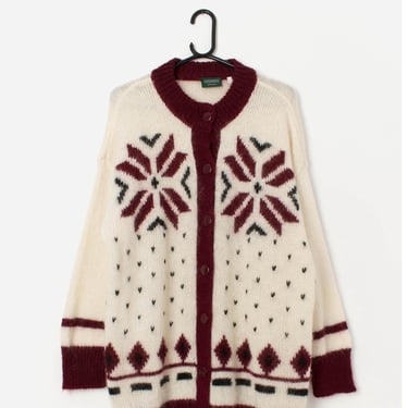 Vintage mohair Christmas cardigan with geometric snowflake pattern, soft cream and red sweater - Large 