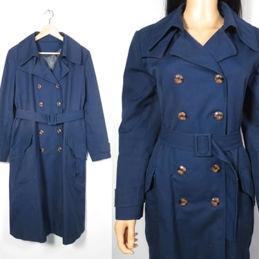 Vintage 70s Navy Blue Canvas Belted Trench Coat With Deep Pockets Size M/L 