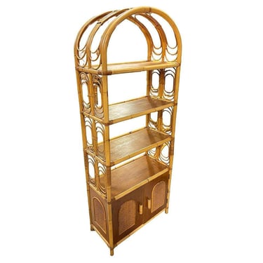 Mid-century Rattan Etagere Display Curio Cabinet w/ Mahogany Shelfs 