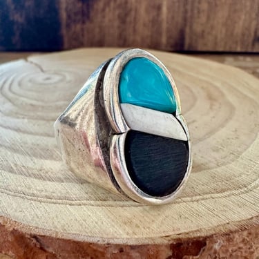 VINTAGE INFINITY Turquoise & Silver Inlay Mens Ring | Wood and Howlite Stones | Large Statement | Southwestern Jewelry | Size 12 