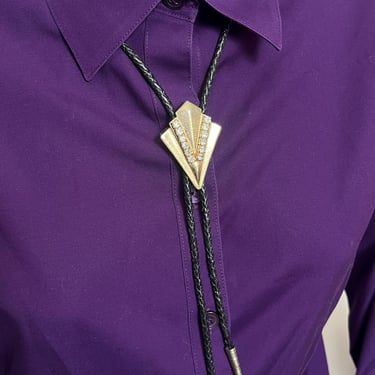Art Deco Bolo Tie, Vintage Gold-Tone Fan Slide with Rhinestones on Black Braided Cord, Glamorous Western Accessory for Men & Women 